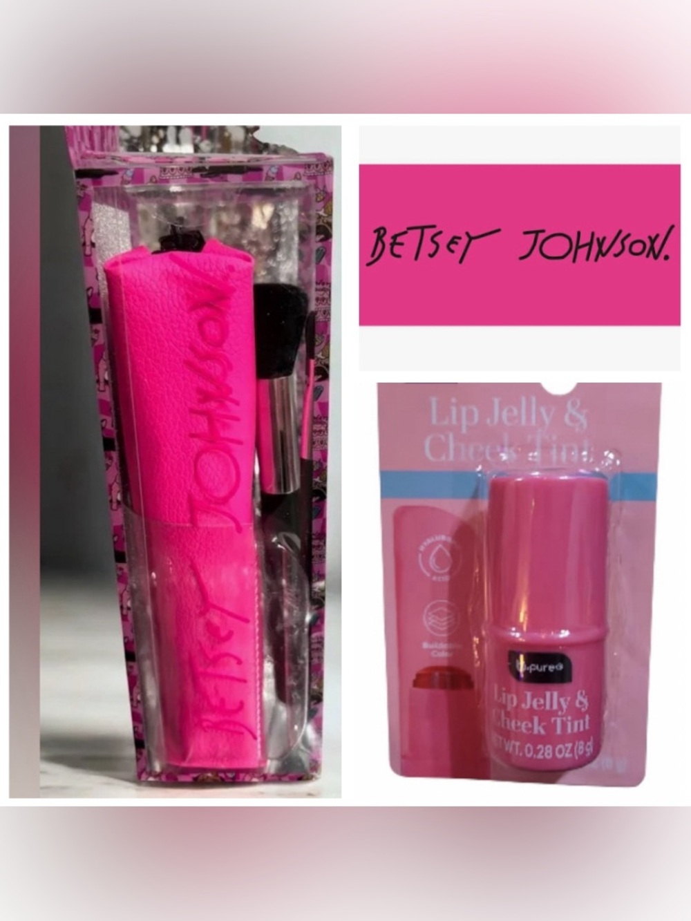 Betsey Johnson Hot Pink Makeup Brush Set with Case and Jelly Lip & Cheek color.